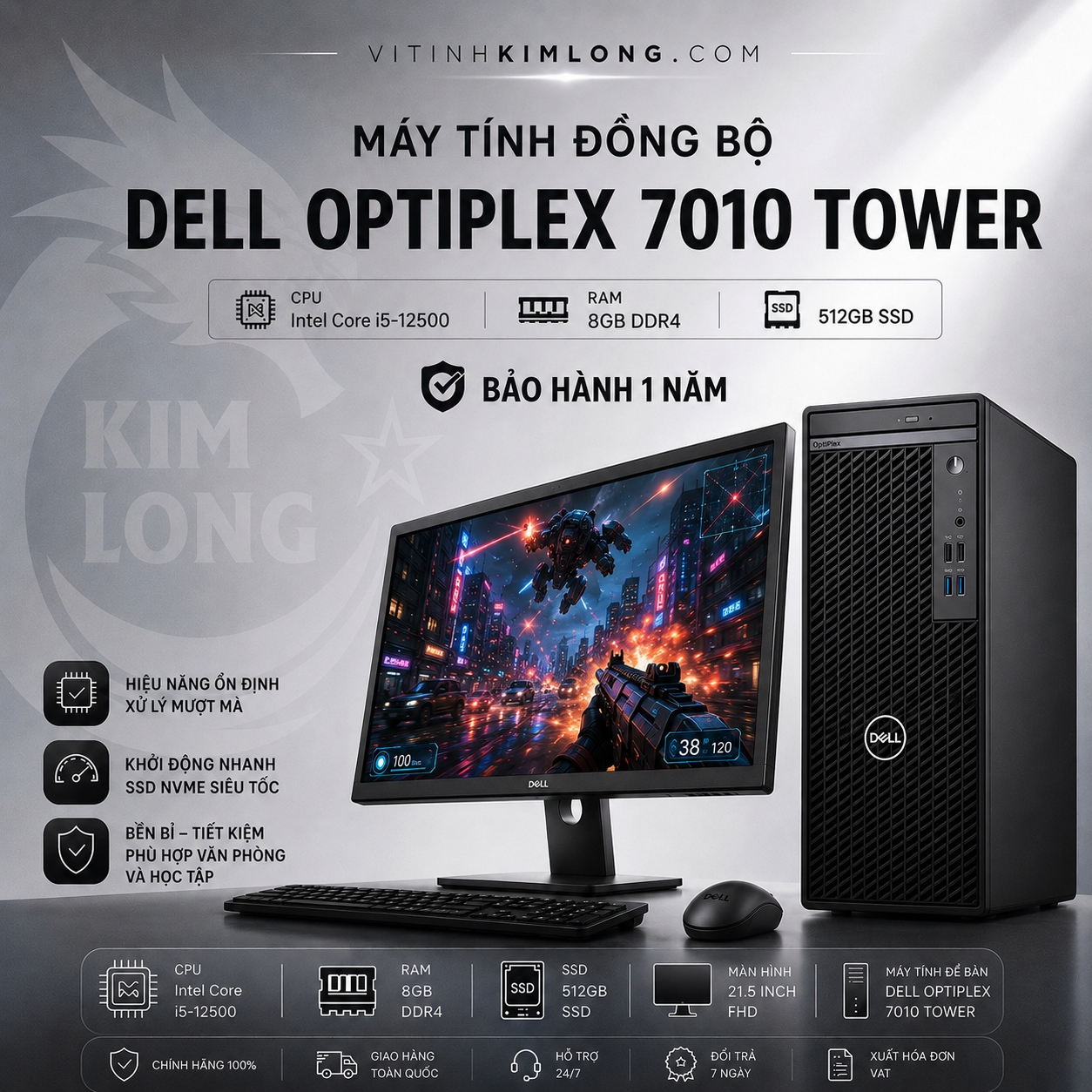 Máy tính để bàn đồng bộ Dell OptiPlex 7010 Tower (Core i5-12500 | 8GB | 512GB SSD | Intel UHD Graphics 770 | No DVD_RW | KB_M | Ubuntu Linux)